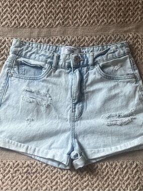 refuge Light Wash Distressed Mom Jean Shorts